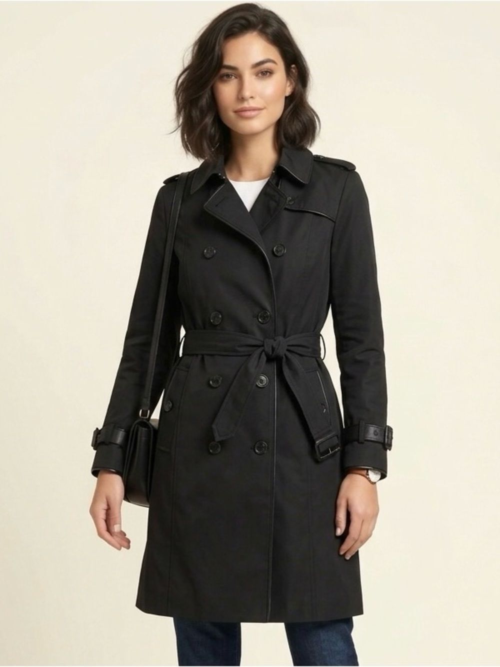 G by Giuliana Double-Breasted Black Trench Coat with Belt Dark Academia Flaw L